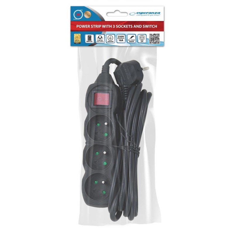 Esperanza ELK211K Power strip 3GN/3M Black Esperanza ELK211K Power strip 3GN/3M Black