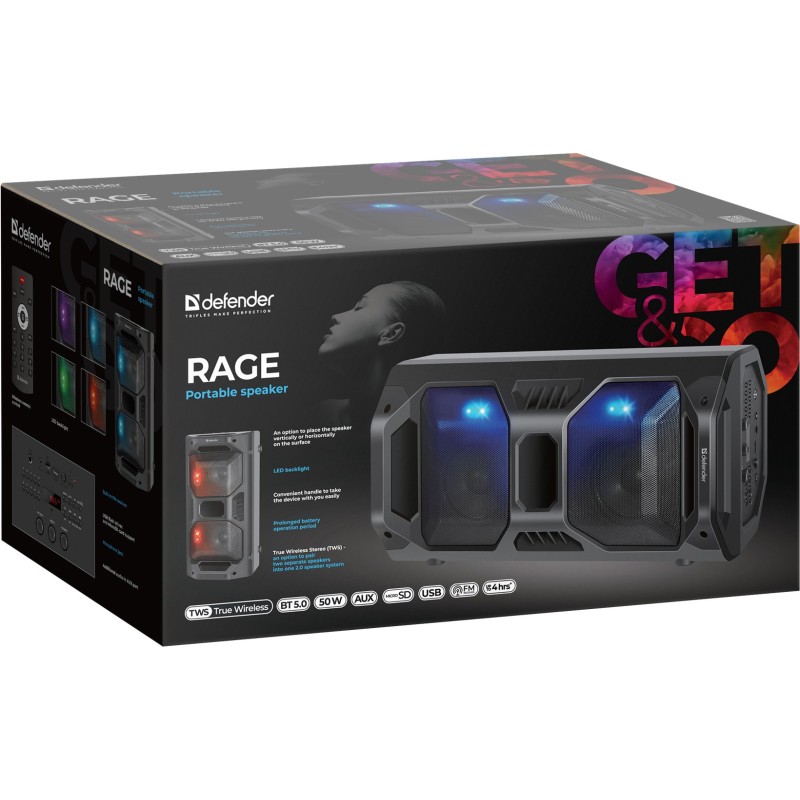 Defender Rage Stereo portable speaker Black 50 W Defender Rage Stereo portable speaker Black 50 W