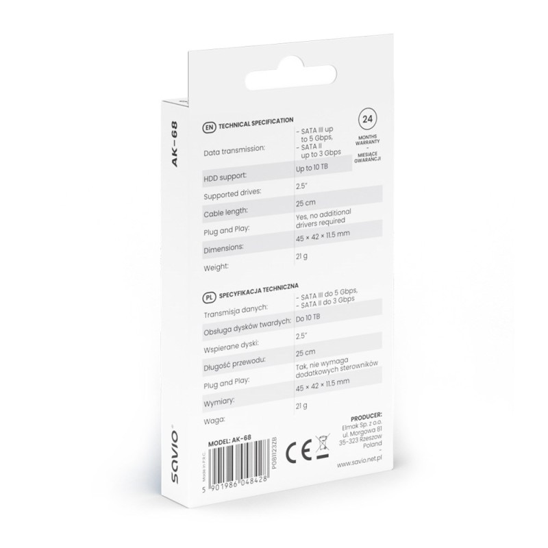 SAVIO AK-68 Adapter USB-A 3.1 Gen 1 (M) - SATA (F) for 2.5 SAVIO AK-68 Adapter USB-A 3.1 Gen 1 (M) - SATA (F) for 2.5