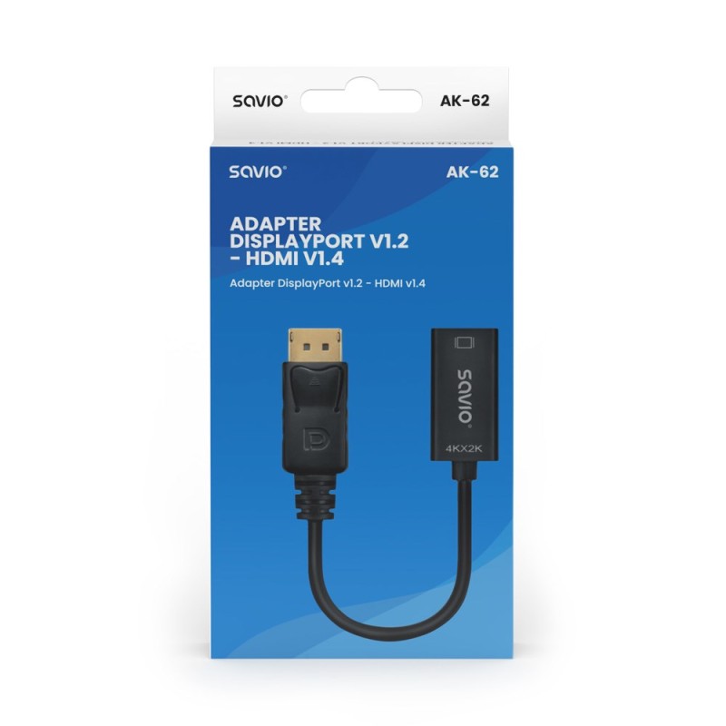 Adapter Savio DisplayPort (M) v1.2 - HDMI A (F) v1.4, 4K, AK-62 Adapter Savio DisplayPort (M) v1.2 - HDMI A (F) v1.4, 4K, AK-62