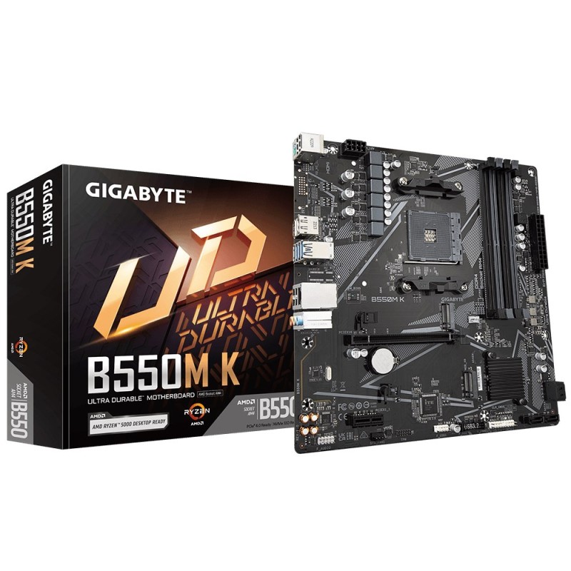 GIGABYTE B550M K Motherboard - AMD Ryzen 5000 CPUs, up to 4733MHz DDR4, 1xPCIe 4.0 + 1xPCIe 3.0 M.2, 1GbE LAN, USB 3.2 Gen 1