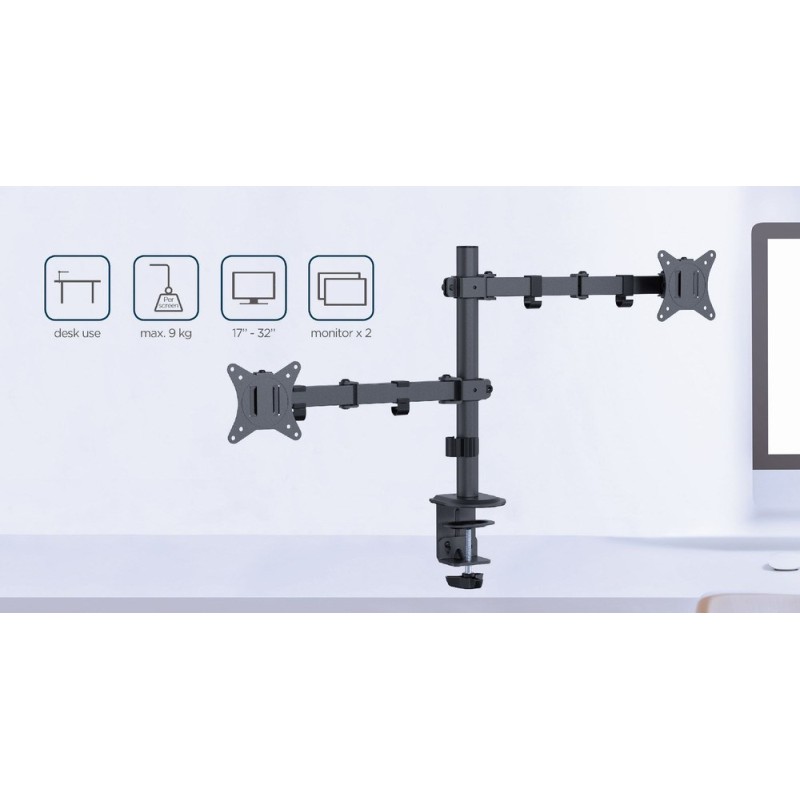 Gembird MA-D2-03 Adjustable desk mounted double monitor arm, 17”-32”, black Gembird MA-D2-03 Adjustable desk mounted double monitor arm, 17”-32”, black