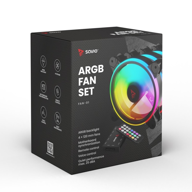 SAVIO FAN-01 4-pack 120mm ARGB fan including controller and remote control SAVIO FAN-01 4-pack 120mm ARGB fan including controller and remote control