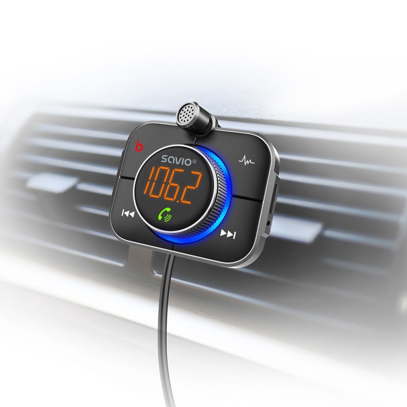 SAVIO FM transmitter, Bluetooth 5.0, QC/PD 3.0 charger, ENC, AUX OUT, Micro SD, TR-14, black SAVIO FM transmitter, Bluetooth 5.0, QC/PD 3.0 charger, ENC, AUX OUT, Micro SD, TR-14, black