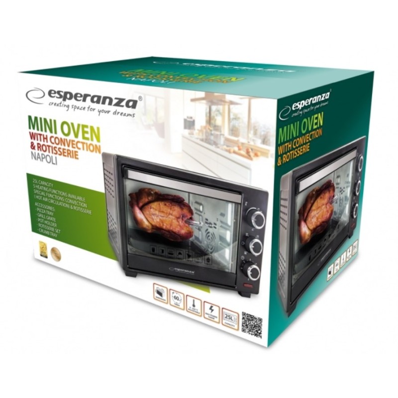 Esperanza EKO006 Mini oven with convection and spit 25 l 1600W Black Esperanza EKO006 Mini oven with convection and spit 25 l 1600W Black