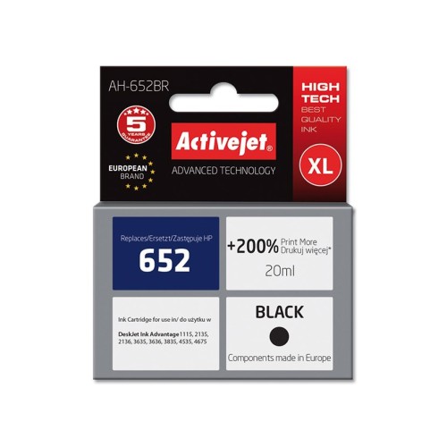 Activejet AH-652BR ink (replacement for HP 652 F6V25AE; Premium; 20 ml; black)