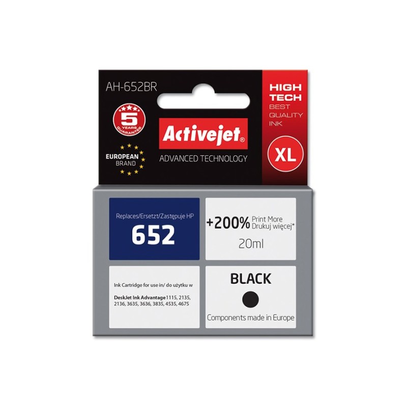 Activejet AH-652BR ink (replacement for HP 652 F6V25AE; Premium; 20 ml; black)