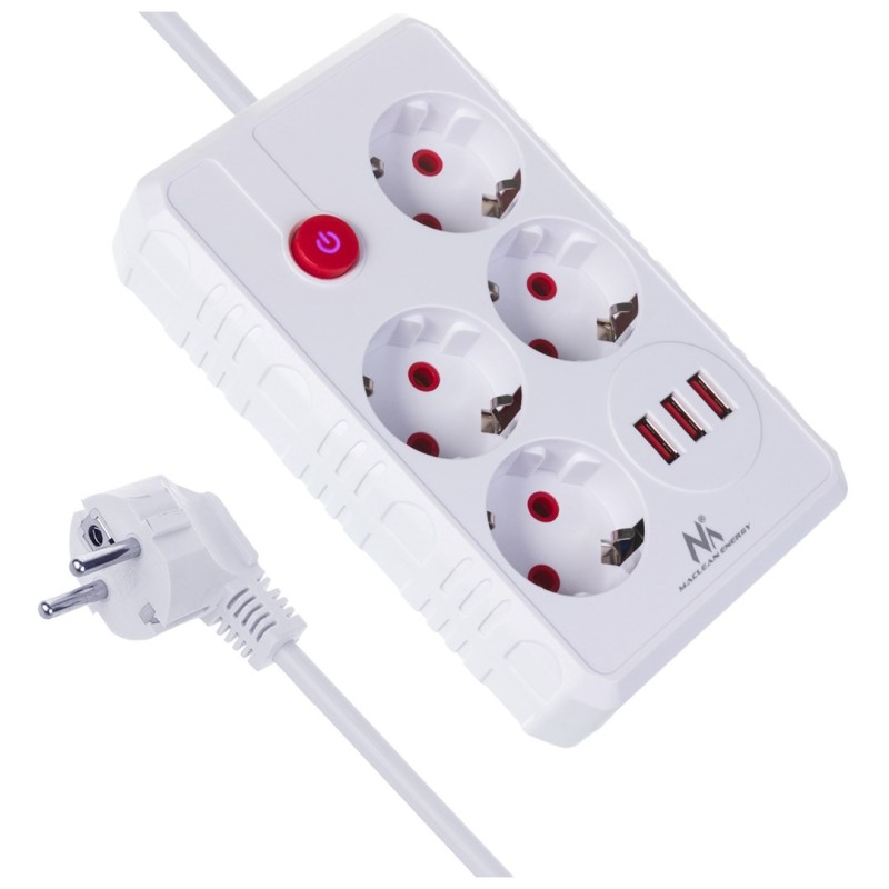 Maclean power strip, 4-socket extension cable + 3xUSB, 110-240V AC 50/60Hz, 2.1A max 2500W, 3m, white, MCE393 W