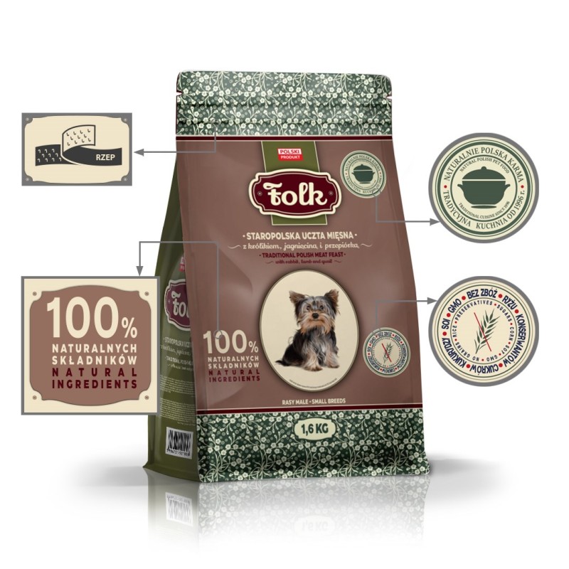 FOLK Small breeds Traditional polish meat feast with rabbit, lamb and quail - dry dog food - 1,6kg FOLK Small breeds Traditional polish meat feast with rabbit, lamb and quail - dry dog food - 1,6kg