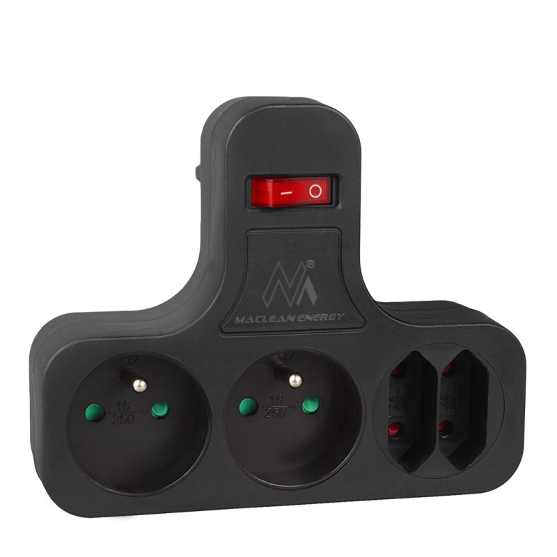 Maclean Current Socket, Quadruple with Switch, Stabilizing Foot, Type E, 2x2.5A, 2x16A, MCE224 E/B Maclean Current Socket, Quadruple with Switch, Stabilizing Foot, Type E, 2x2.5A, 2x16A, MCE224 E/B