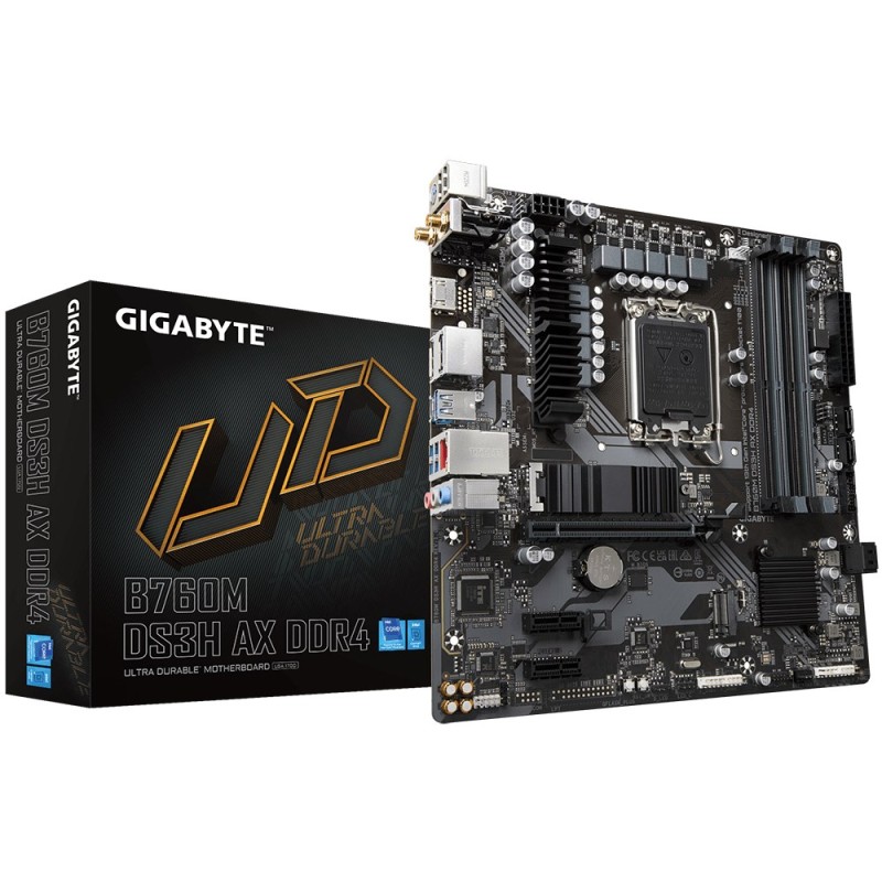 GIGABYTE B760M DS3H AX DDR4 Motherboard - Supports Intel Core 14th Gen CPUs, 6+2+1 Phases Digital VRM, up to 5333MHz DDR4 (OC), 2xPCIe 4.0 M.2, Wi-Fi 6E, 2.5GbE LAN, USB 3.2 Gen2