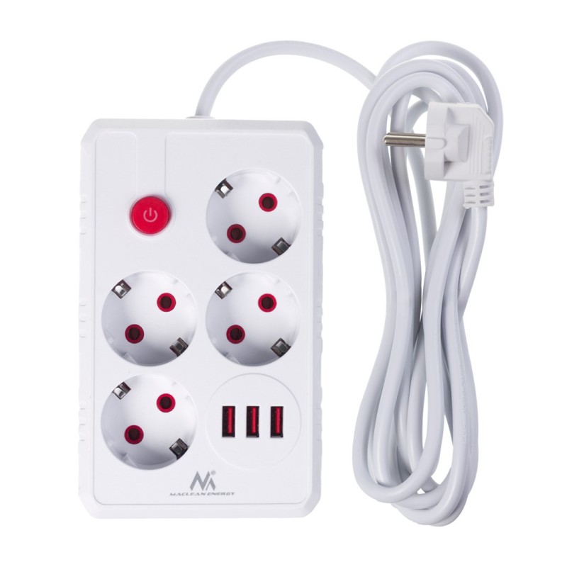 Maclean power strip, 4-socket extension cable + 3xUSB, 110-240V AC 50/60Hz, 2.1A max 2500W, 3m, white, MCE393 W