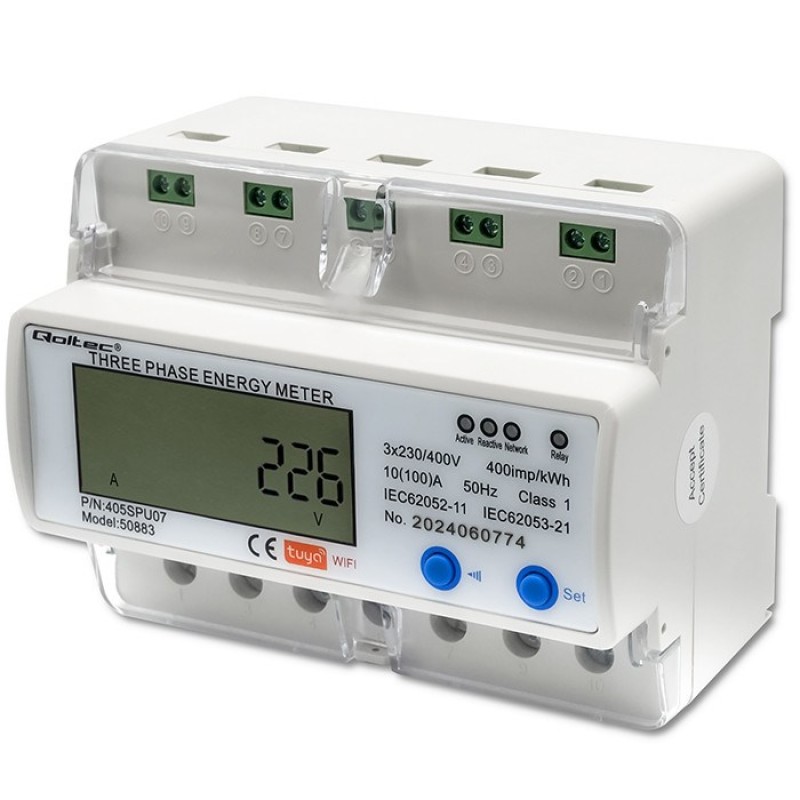 Qoltec 50883 Three phase electronic energy consumption meter for DIN rail | Wi-Fi | TUYA | 400V | LCD Qoltec 50883 Three phase electronic energy consumption meter for DIN rail | Wi-Fi | TUYA | 400V | LCD