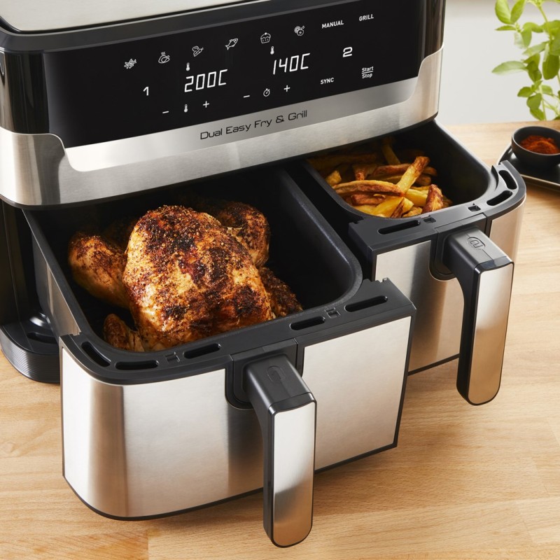 Tefal Dual Easy Fry & Grill EY905D Double 8.3 L Stand-alone 2700 W Hot air fryer Stainless steel Tefal Dual Easy Fry & Grill EY905D Double 8.3 L Stand-alone 2700 W Hot air fryer Stainless steel