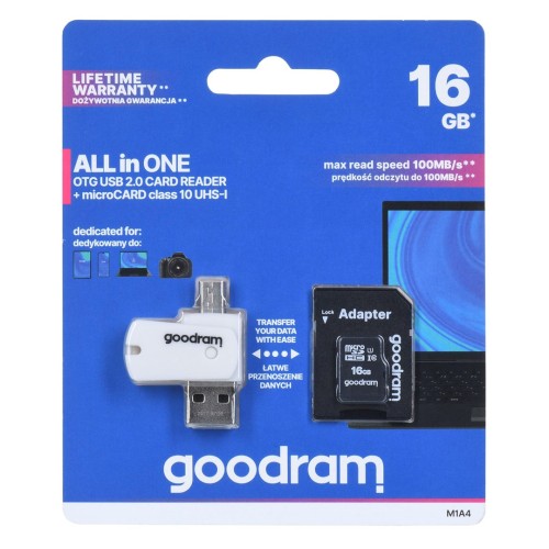Goodram M1A4-0160R12 memory card 16 GB MicroSDHC Class 10 UHS-I Goodram M1A4-0160R12 memory card 16 GB MicroSDHC Class 10 UHS-I