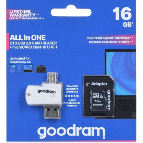 Goodram M1A4-0160R12 memory card 16 GB MicroSDHC Class 10 UHS-I Goodram M1A4-0160R12 memory card 16 GB MicroSDHC Class 10 UHS-I