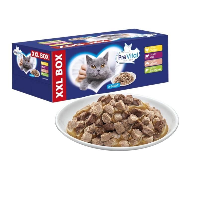 PREVITAL XXL BOX Flavor Mix with Chicken, Veal, Salmon, and Liver in Gravy - Wet Cat Food - 48 x 100g