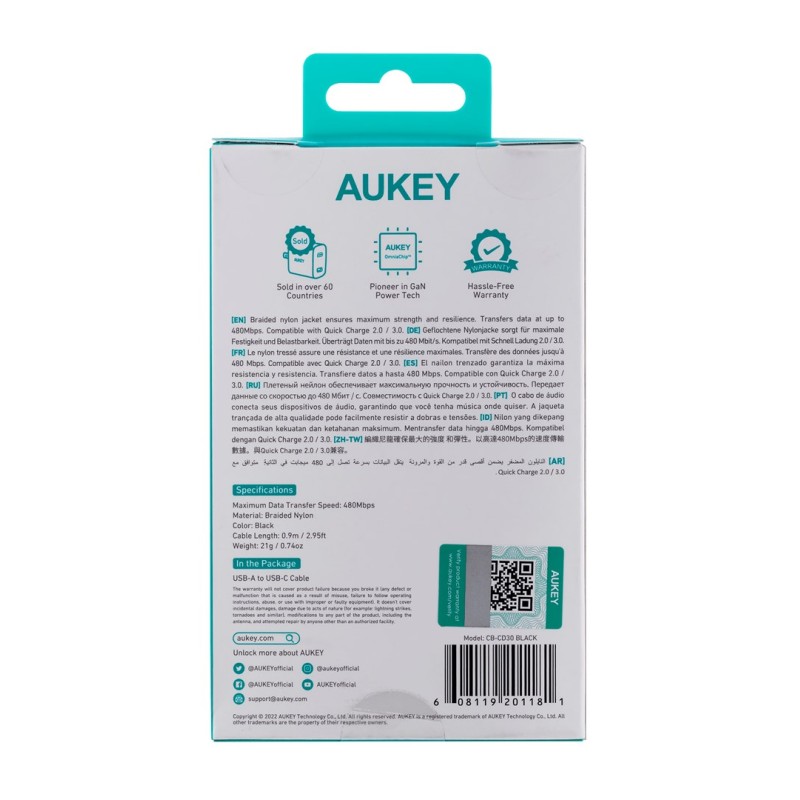 AUKEY CB-NCC2 USB-C Type-C Power Delivery PD 60W 3A 1.8m Nylon Black AUKEY CB-NCC2 USB-C Type-C Power Delivery PD 60W 3A 1.8m Nylon Black