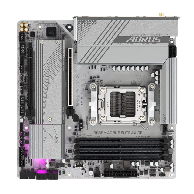 GIGABYTE B650M AORUS ELITE AX ICE Motherboard - AMD Ryzen 9000 Series CPUs, 12+2+2 Phases VRM, up to 8000MHz DDR5 (OC), 1xPCIe 5.0 + 1xPCIe 4.0 M.2, 2.5GbE LAN, WIFI 6E, USB 3.2 Gen 2x2 GIGABYTE B650M AORUS ELITE AX ICE Motherboard - AMD Ryzen 9000 Series CPUs, 12+2+2 Phases VRM, up to 8000MHz DDR5 (OC), 1xPCIe 5.0 + 1xPCIe 4.0 M.2, 2.5GbE LAN, WIFI 6E, USB 3.2 Gen 2x2