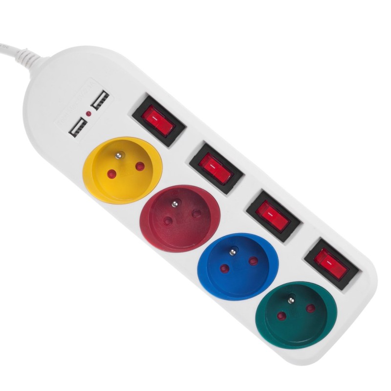 Maclean power strip, extender 4 sockets + 2xUSB, with switches, 250VAC/10A, 2.1A 5V, 1.5m, white, MCE229 W Maclean power strip, extender 4 sockets + 2xUSB, with switches, 250VAC/10A, 2.1A 5V, 1.5m, white, MCE229 W