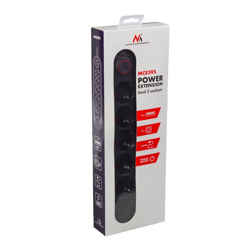 Maclean power strip, 5 socket extension cable + 3xUSB, 110-240V AC 50/60Hz, 2.1A max 2500W, 1.5m, black, MCE395 B Maclean power strip, 5 socket extension cable + 3xUSB, 110-240V AC 50/60Hz, 2.1A max 2500W, 1.5m, black, MCE395 B