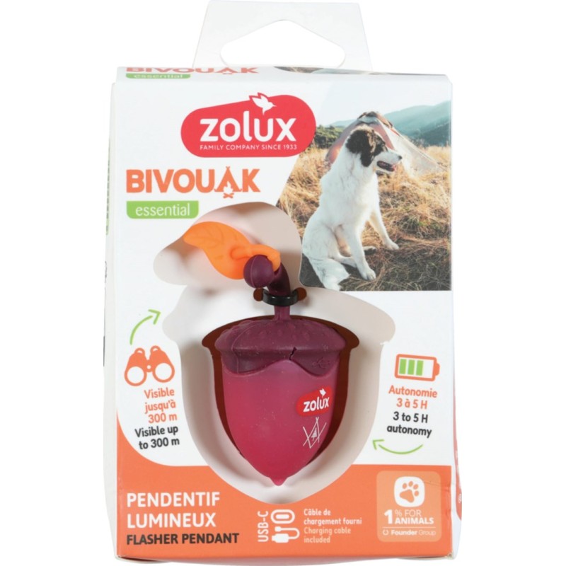 ZOLUX Bivouak Luminous Pendant for Collar Walnut LED USB red - dog address tag - 6x4x3 cm