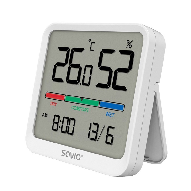 SAVIO Wireless weather station, temperature and humidity sensor, for indoor use, LCD screen, clock, date, handle with magnet, CT-01/W White SAVIO Wireless weather station, temperature and humidity sensor, for indoor use, LCD screen, clock, date, handle with magnet, CT-01/W White