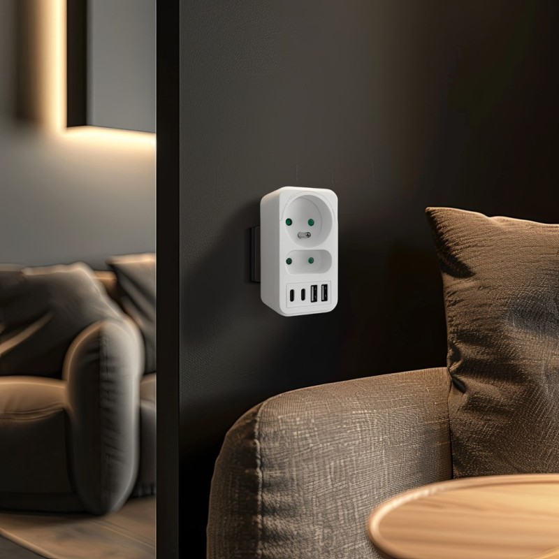 Current socket x2 + 4xUSB Maclean, splitter with 2 sockets, 2xUSB A, 2xUSB C PD 20W, 1x16A + 1x6A, MCE249 F/W