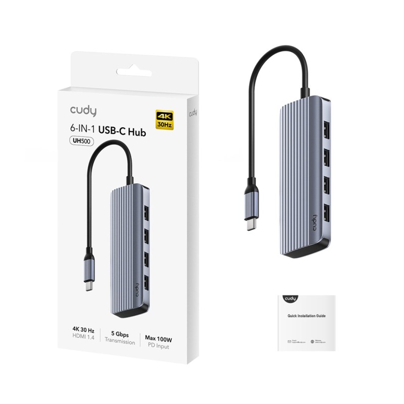 Cudy UH500 interface hub USB 3.2 Gen 1 (3.1 Gen 1) Type-C 5000 Mbit/s Grey, Silver Cudy UH500 interface hub USB 3.2 Gen 1 (3.1 Gen 1) Type-C 5000 Mbit/s Grey, Silver