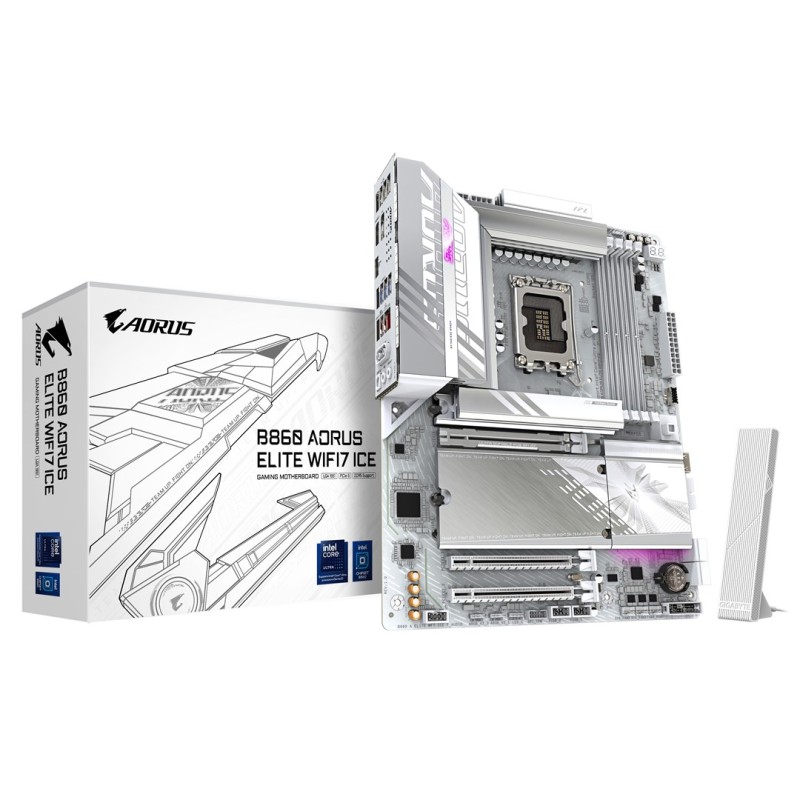 GIGABYTE B860 AORUS ELITE WIFI7 ICE Motherboard - Intel Core Ultra Series CPUs, 14+1+2+1 Phases VRM, up to 9200MHz DDR5, 1xPCIe 5.0 + 2xPCIe 4.0 M.2, 2.5GbE LAN, WIFI 7, USB 4 GIGABYTE B860 AORUS ELITE WIFI7 ICE Motherboard - Intel Core Ultra Series CPUs, 14+1+2+1 Phases VRM, up to 9200MHz DDR5, 1xPCIe 5.0 + 2xPCIe 4.0 M.2, 2.5GbE LAN, WIFI 7, USB 4
