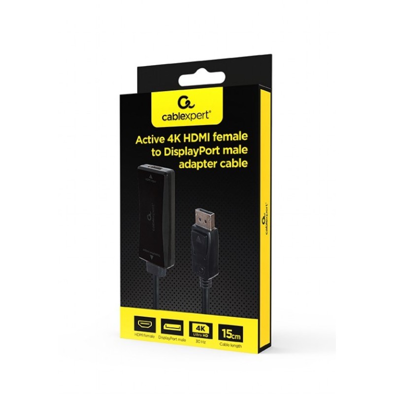 Gembird A-HDMIF30-DPM-01 Active 4K 30Hz HDMI female to DisplayPort male adapter cable, 0.15 m, black Gembird A-HDMIF30-DPM-01 Active 4K 30Hz HDMI female to DisplayPort male adapter cable, 0.15 m, black