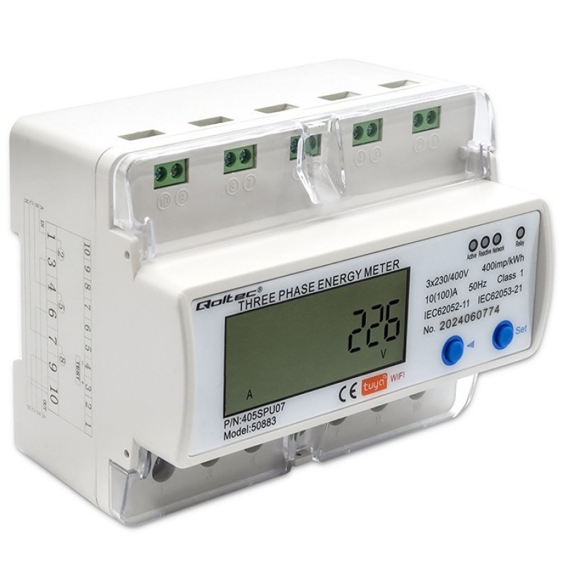 Qoltec 50883 Three phase electronic energy consumption meter for DIN rail | Wi-Fi | TUYA | 400V | LCD Qoltec 50883 Three phase electronic energy consumption meter for DIN rail | Wi-Fi | TUYA | 400V | LCD