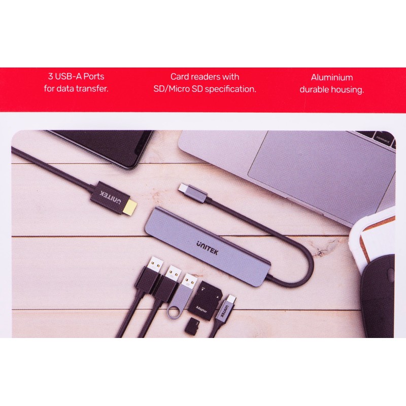 UNITEK HUB USB-C H1118A; USB-A x3, USB-C, HDMI, SD, microSD UNITEK HUB USB-C H1118A; USB-A x3, USB-C, HDMI, SD, microSD