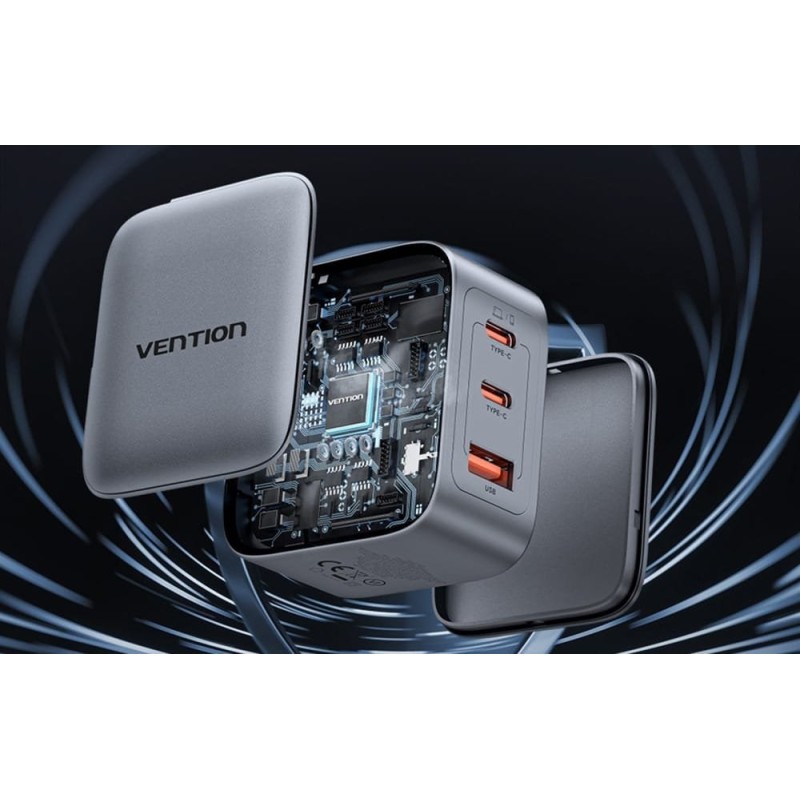 Vention 70W GaN PD Charger 1x USB-A 2x USB-C BK