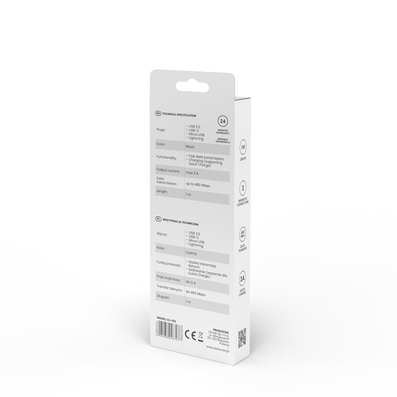 Savio CL-152 USB cable 1 m USB 2.0 USB C Micro USB A/Lightning Black