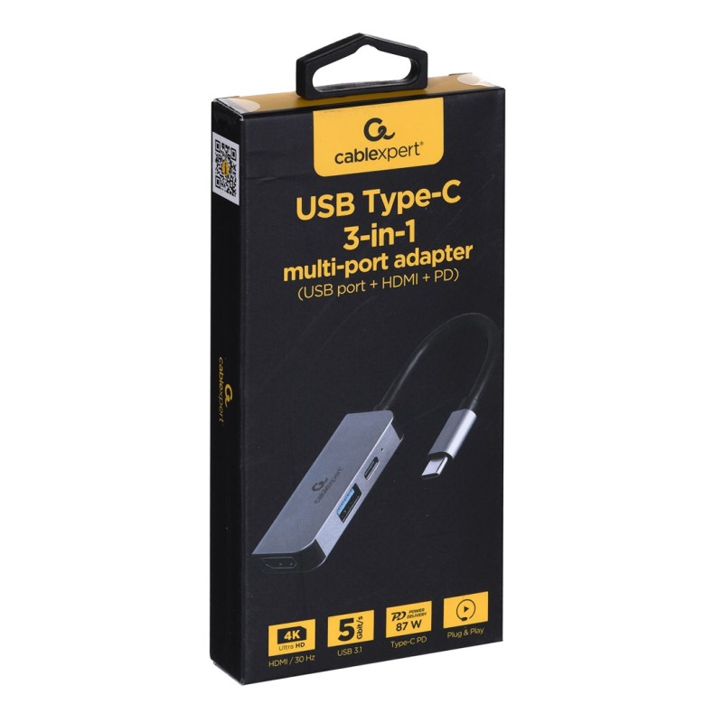 Gembird A-CM-COMBO3-02 USB Type-C 3-in-1 multi-port adapter (USB port + HDMI + PD), silver Gembird A-CM-COMBO3-02 USB Type-C 3-in-1 multi-port adapter (USB port + HDMI + PD), silver
