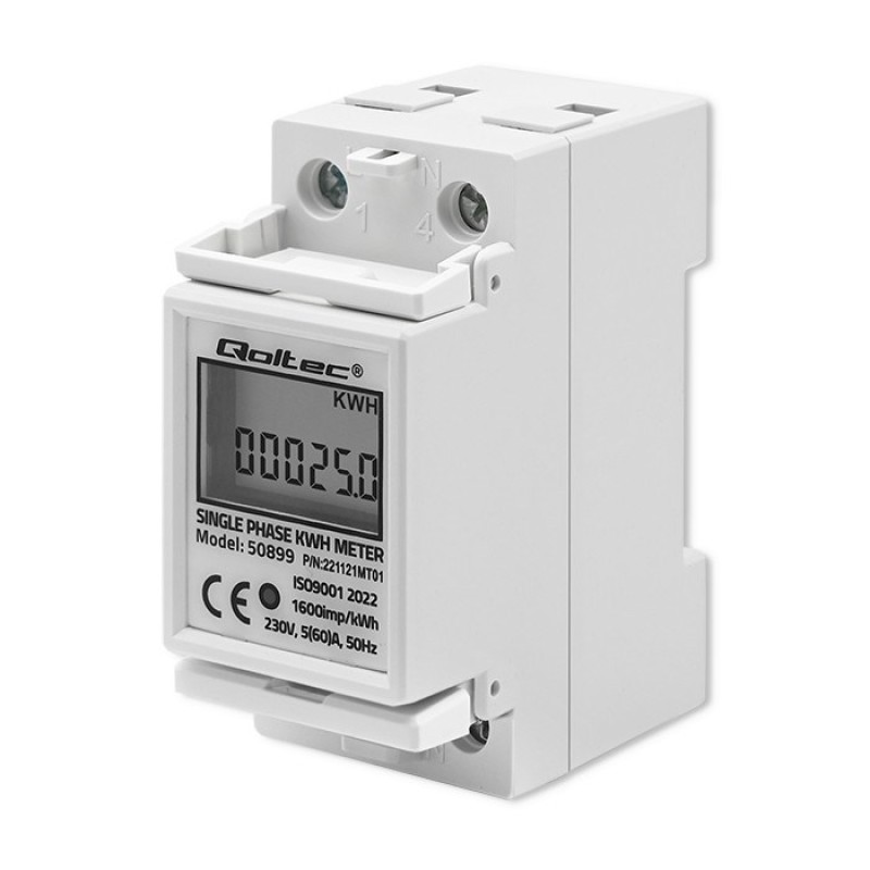 Qoltec 50899 Single phase electronic energy consumption meter | 230 V | LCD | 2P | DIN rail Qoltec 50899 Single phase electronic energy consumption meter | 230 V | LCD | 2P | DIN rail