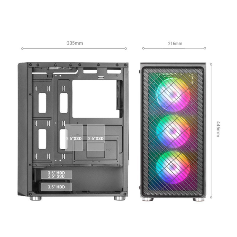 Mars Gaming MC-F Black, ATX Gaming Semitower, Full Tempered Glass Window, Metal-Mesh Front, 4x 120mm ARGB Fans