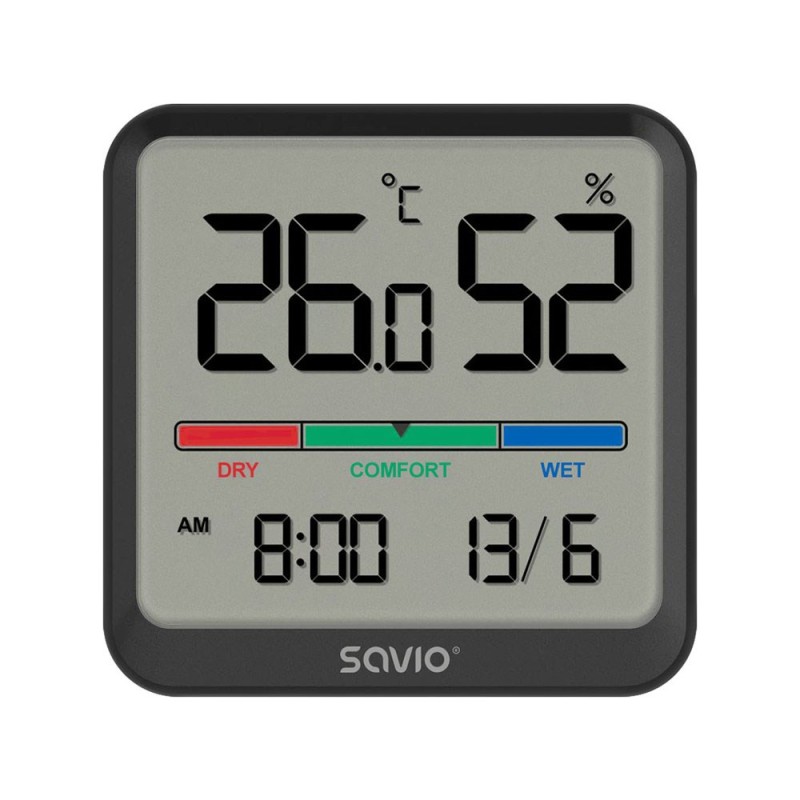 SAVIO Wireless weather station, temperature and humidity sensor, indoor use, LCD screen, clock, date, handle with magnet, CT-01/B Black SAVIO Wireless weather station, temperature and humidity sensor, indoor use, LCD screen, clock, date, handle with magnet, CT-01/B Black