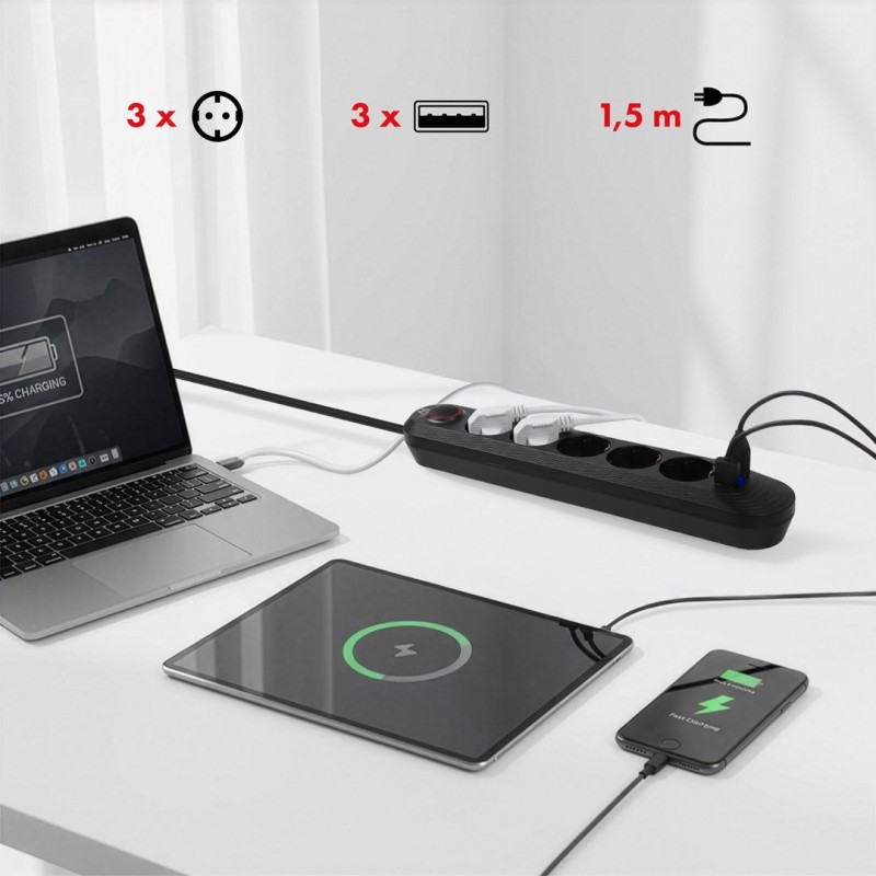 Maclean power strip, 5 socket extension cable + 3xUSB, 110-240V AC 50/60Hz, 2.1A max 2500W, 1.5m, black, MCE395 B Maclean power strip, 5 socket extension cable + 3xUSB, 110-240V AC 50/60Hz, 2.1A max 2500W, 1.5m, black, MCE395 B