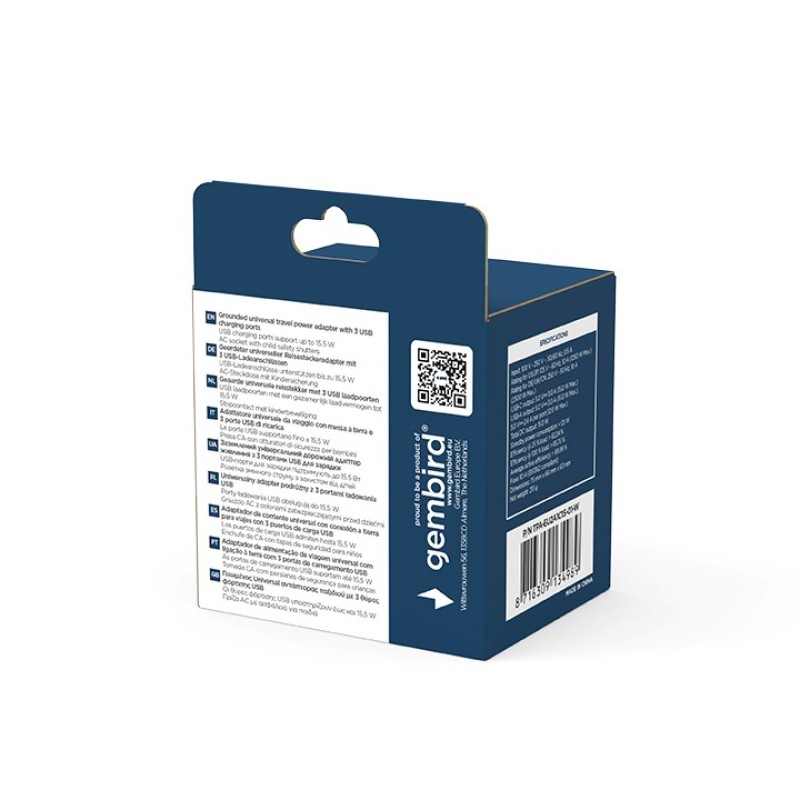 Gembird TPA-EU2A1C15-01-W Grounded universal travel power adapter, 15 W, white