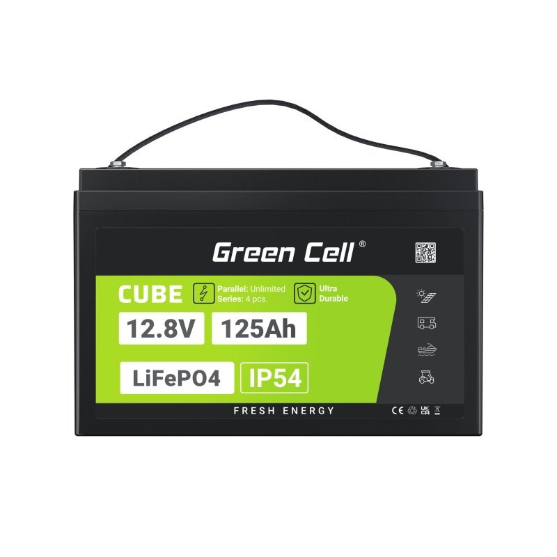 Green Cell Žalias Cell CUBE LiFePO4 125Ah 12,8V 1600Wh liio geležies fosfato baterija kemperiui, sauls energijai, neprijungtai prie tinklo, laivui Lithium Iron Phosphate (LiFePO4) 12.8 V