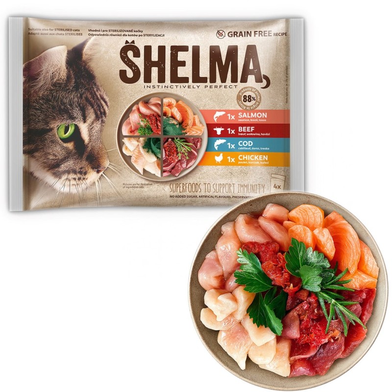 SHELMA Rich in salmon, cod, beef and chicken - wet cat food - 4x85g