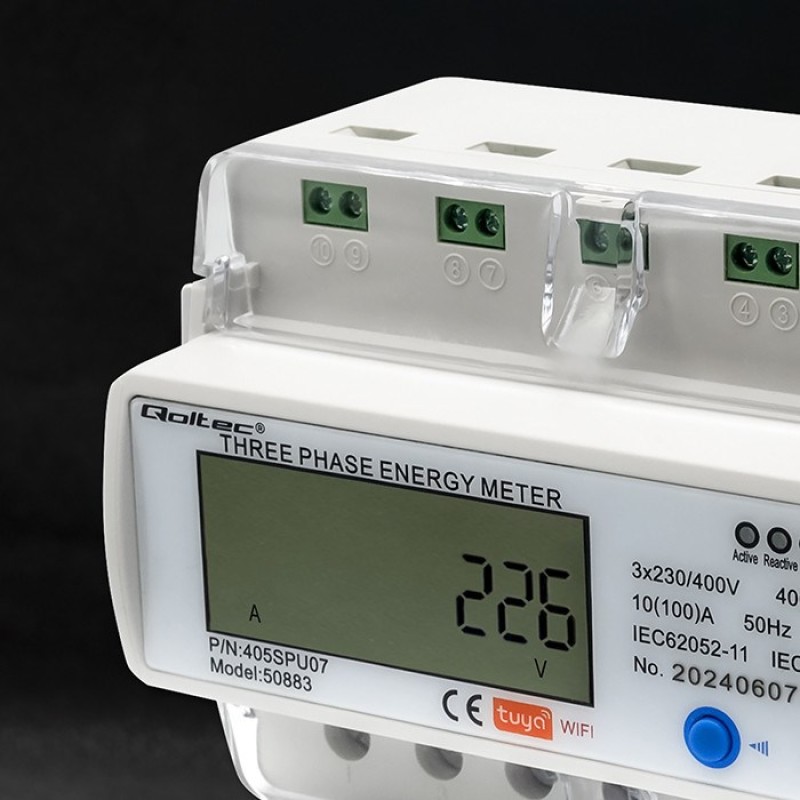 Qoltec 50883 Three phase electronic energy consumption meter for DIN rail | Wi-Fi | TUYA | 400V | LCD Qoltec 50883 Three phase electronic energy consumption meter for DIN rail | Wi-Fi | TUYA | 400V | LCD