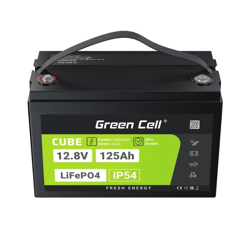 Green Cell Žalias Cell CUBE LiFePO4 125Ah 12,8V 1600Wh liio geležies fosfato baterija kemperiui, sauls energijai, neprijungtai prie tinklo, laivui Lithium Iron Phosphate (LiFePO4) 12.8 V