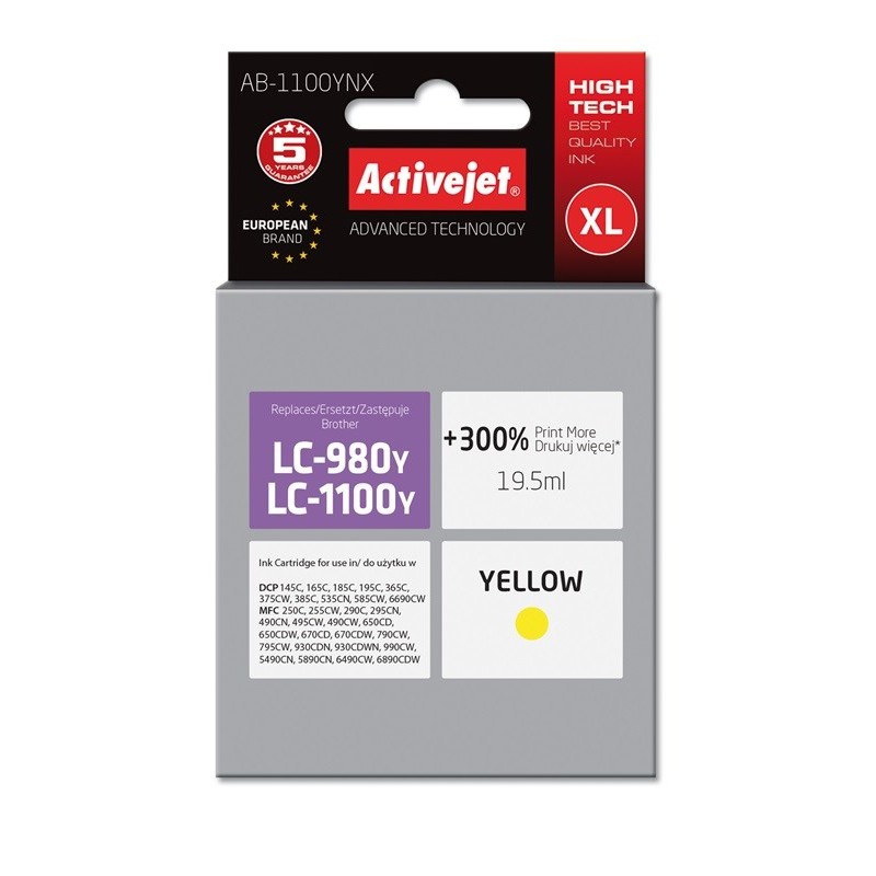 Activejet AB-1100YNX Ink cartridge (replacement for Brother LC1100Y/980Y; Supreme; 19.5 ml; yellow)