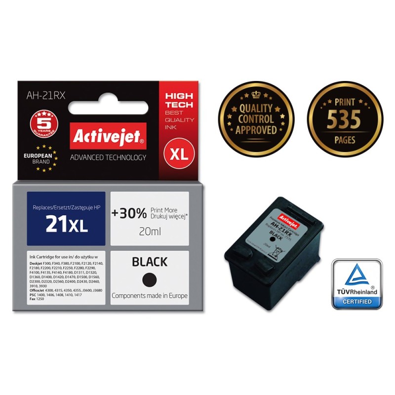Activejet AH-21RX Ink cartridge (replacement for HP 21XL C9351A; Premium; 20 ml; black) Activejet AH-21RX Ink cartridge (replacement for HP 21XL C9351A; Premium; 20 ml; black)