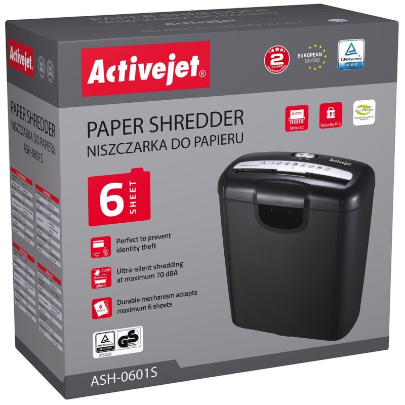 Activejet ASH-0601S Shredder for documents, black. Activejet ASH-0601S Shredder for documents, black.