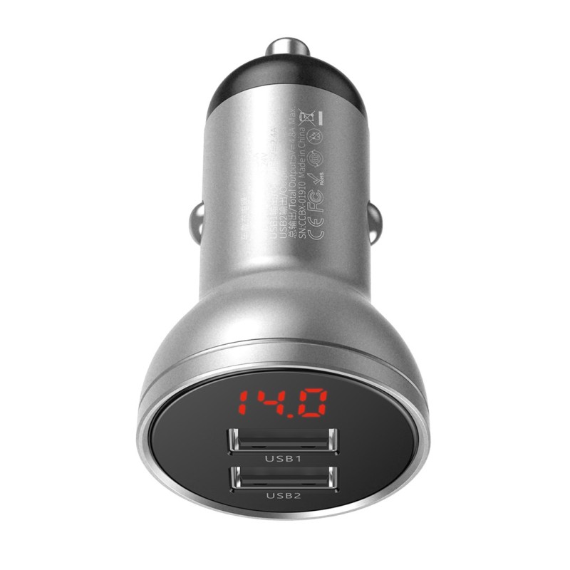 Baseus car charger with display, 2x USB, 4.8A, 24W (silver) Baseus car charger with display, 2x USB, 4.8A, 24W (silver)