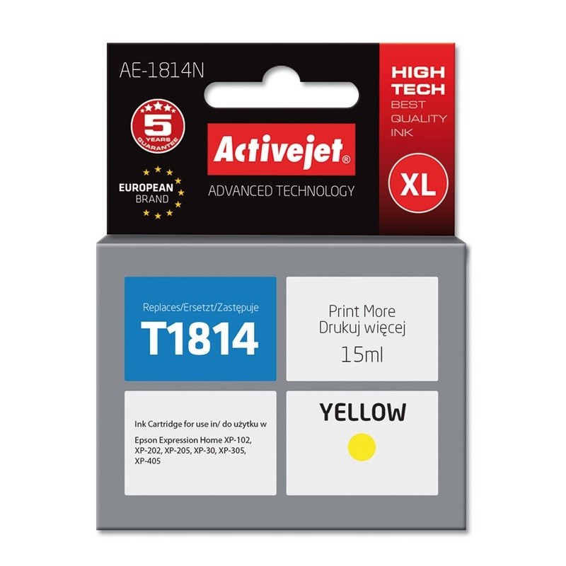 Activejet AE-1814N Ink cartridge (replacement for Epson 18XL T1814; Supreme; 15 ml; yellow)